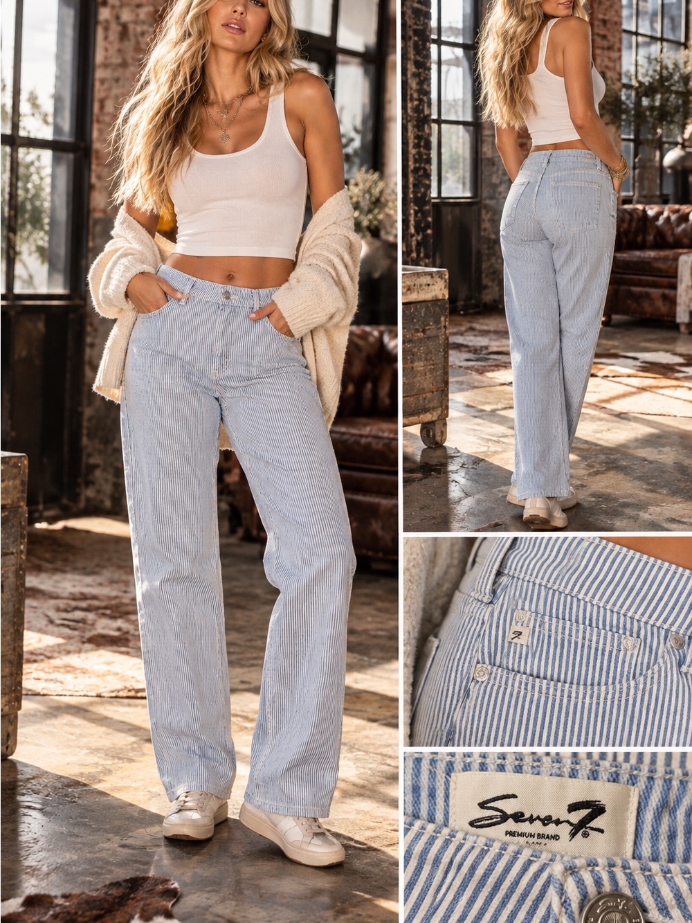Seven7 High-Rise 90’s Straight Leg Women’s Jeans - Light Blue Stripes Size 16